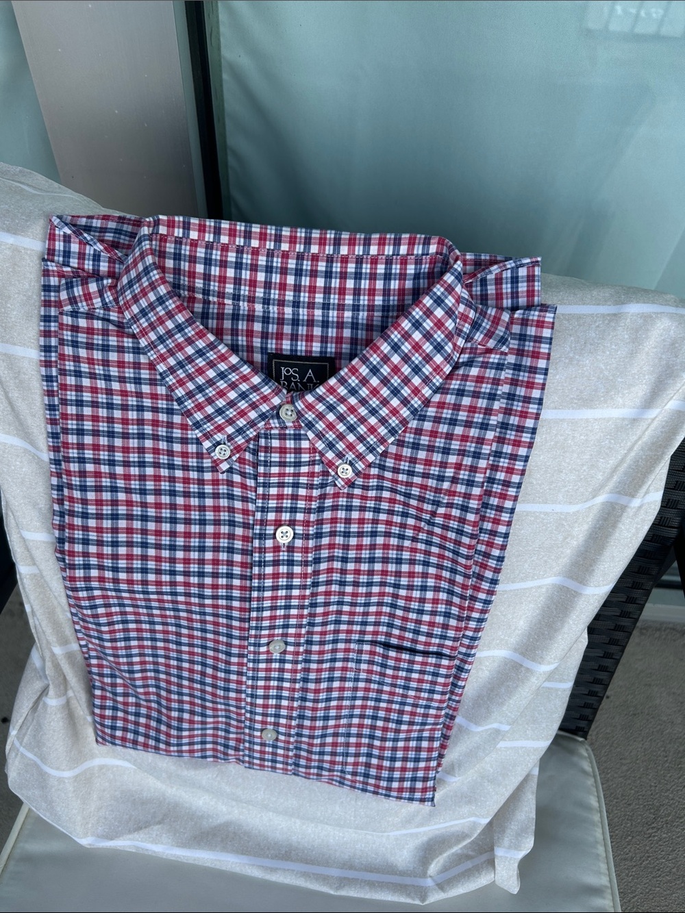 Jos. A. Bank Red, Navy & White Plaid Button-Down Shirt